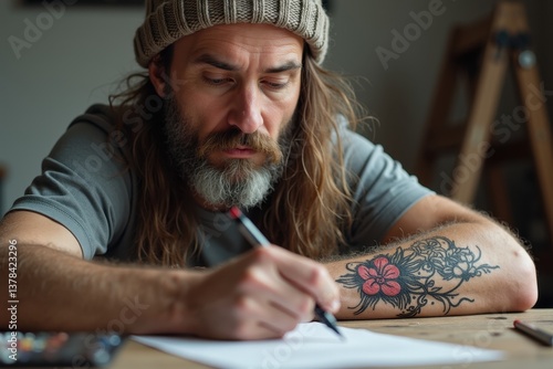 Obraz na płótnie Man with tattoo writing at desk in cozy setting w salonie
