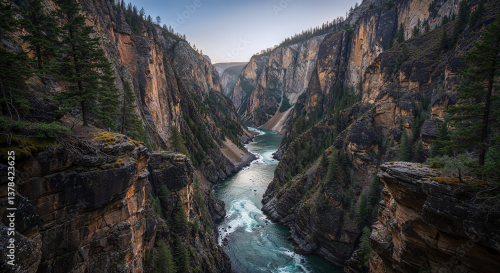 Fototapeta premium Majestic canyon landscape with flowing river at golden hour