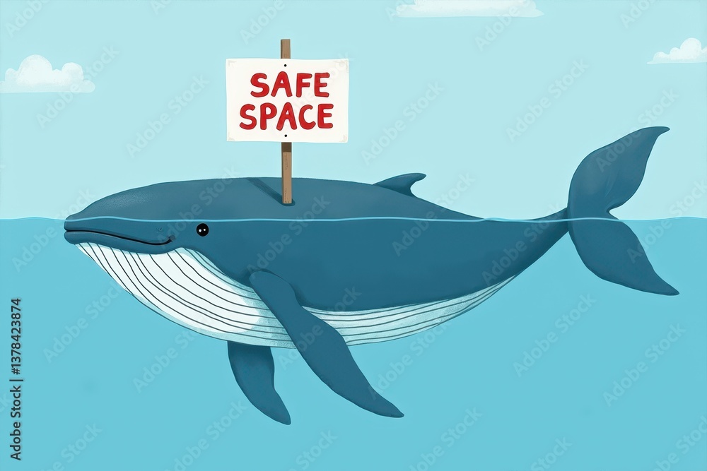 Whale with safe space sign in ocean