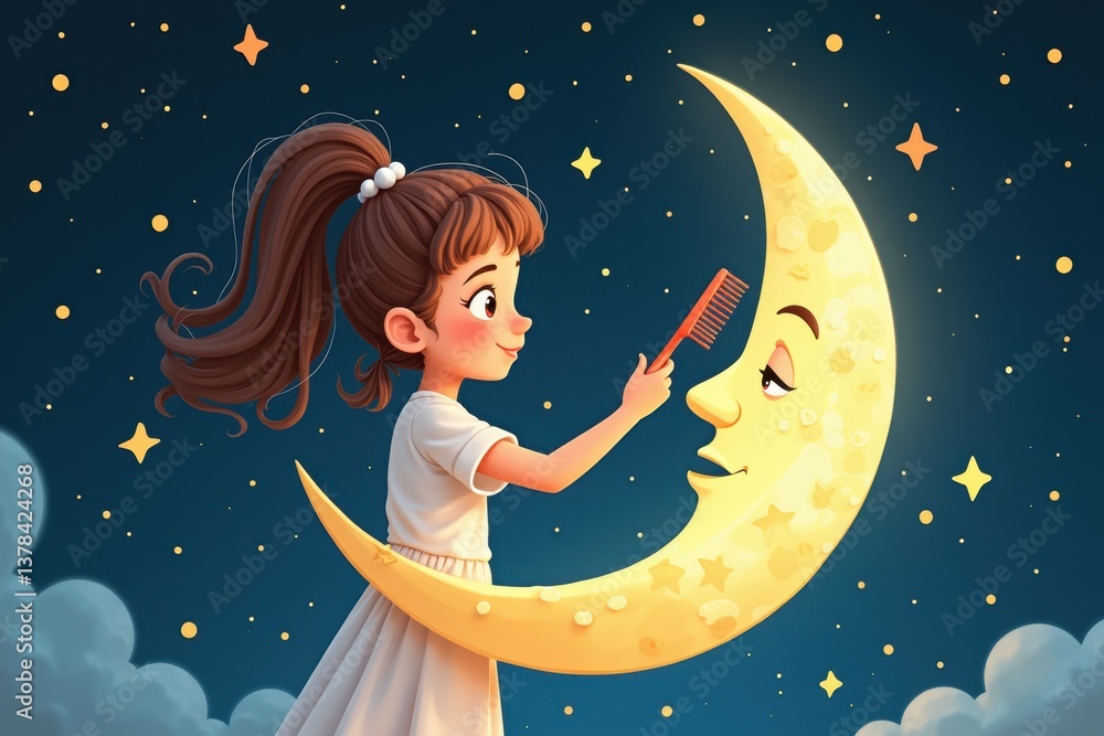 Girl combs crescent moon surrounded stars at night