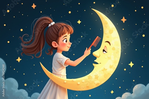 Girl combs crescent moon surrounded stars at night