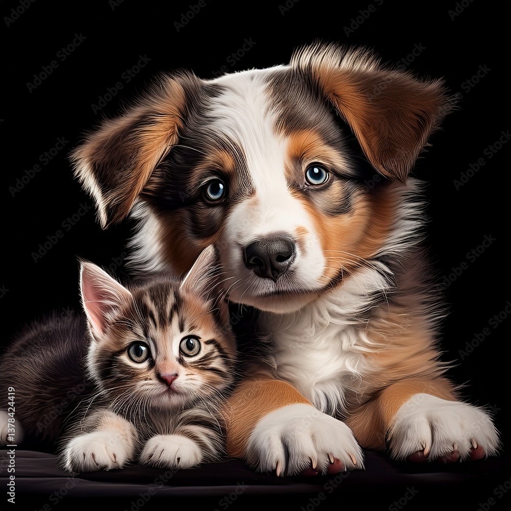 Obraz premium Hund und Kätzchen beim Chillen, schwarzer Hintergrund