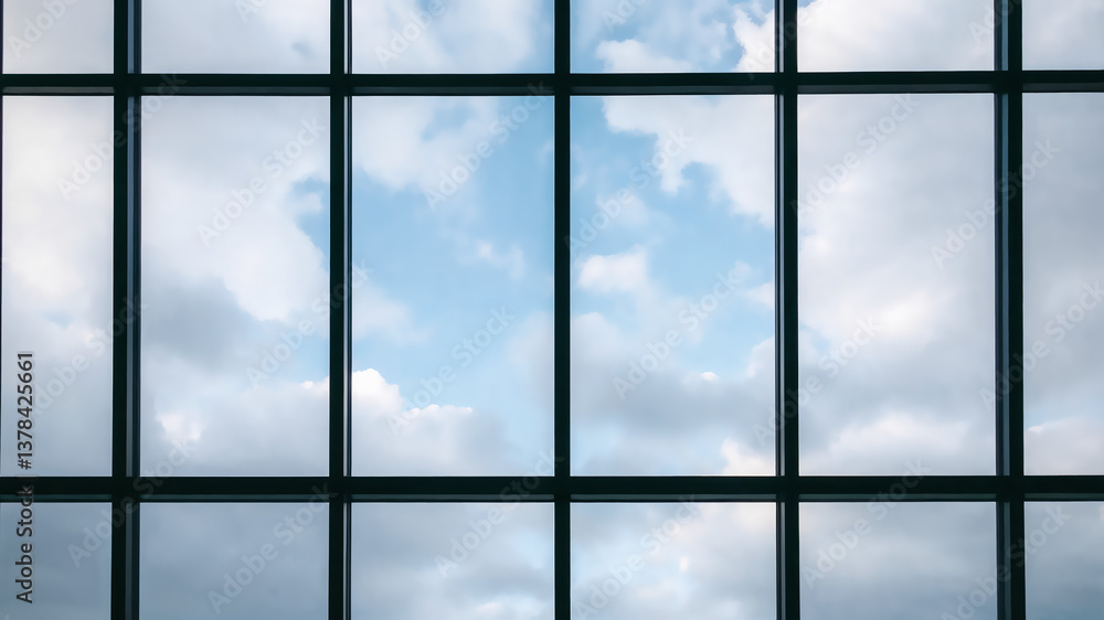 Naklejka premium Wallpaper with cloudy blue sky behind office window. View on beautiful clouds and clear skies visible out of a panoramic windows