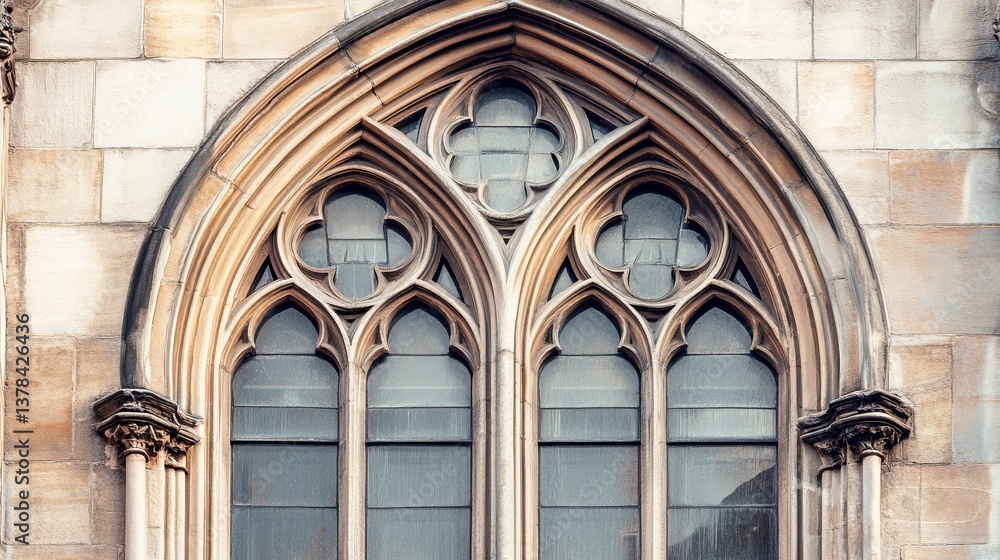 Obraz premium Beautifully crafted gothic window with intricate stone designs. The architecture highlights the artistry of another era. A stunning example of historical craftsmanship. Generative AI
