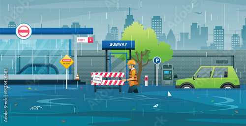 Rescue workers are installing flood warning signs on subways that are shutting down.