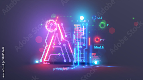 AI logo. Abstract technology conceptual background with AI letters. AI text consist at pcb, electronic signals, text of code programs, computer languages. Artificial intelligence programming, coding.