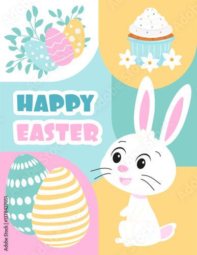 Happy Easter, invitation, holiday, postcard, banner, rabbits, love, hare, bunny, easter, kulich, painted eggs, outline, inscription, religious holiday. Vector illustration