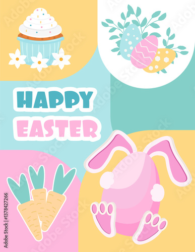 Happy Easter, invitation, hide and seek, holiday, postcard, banner, rabbits, love, hare, carrot, bunny, Easter, Easter cake, painted eggs, outline, inscription, on a blue background, Religious holiday