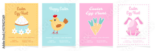 Set of postcards, Happy Easter, invitation, hide and seek, cockerel, hen, chick, holiday, postcard, banner, rabbits, hare, bunny, Easter, Easter cake, painted eggs, inscription, Religious holiday. Vec