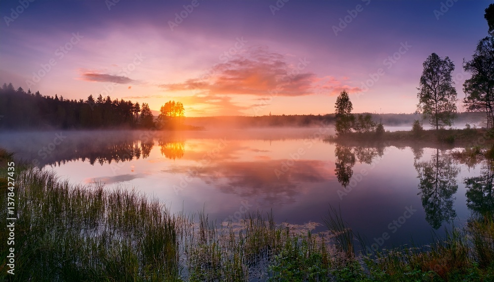Obraz premium misty lake with calm water reflecting sky serene sunrise