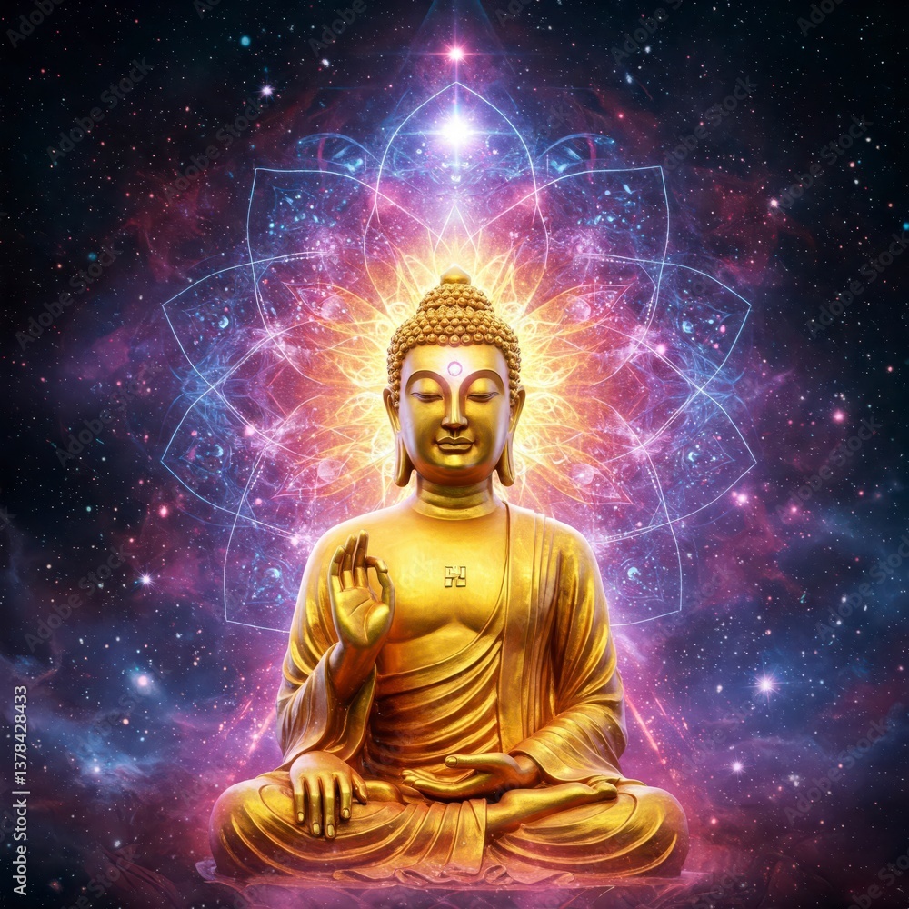 A digital image of Buddha meditating with a luminous aura and cosmic or mandala patterns against a dark, starry background.
A digital image of Buddha meditating with a luminous aura and cosmic or mandala patterns against a dark, starry background.