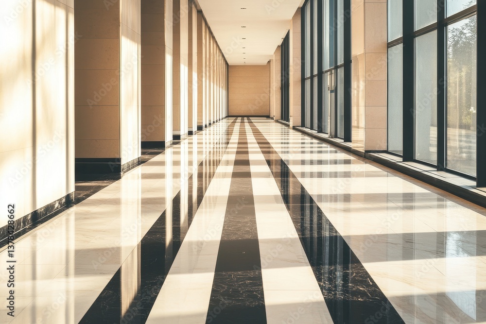 Fototapeta premium Modern, empty hallway with large windows and striped marble flooring. Sunlight streams through, highlighting the polished surfaces