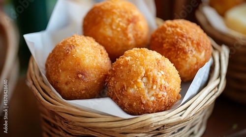 Deep fried rice ball food meat or cheese at a market stall