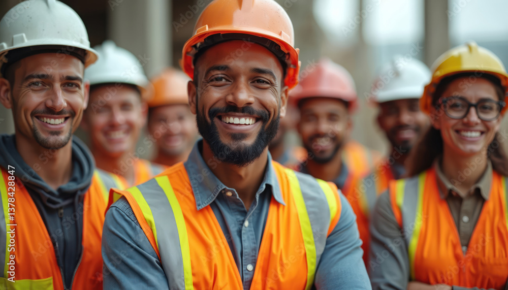 Group portrait construction workers smiling. Diverse team engineers, builders, architects on construction site. Happy people in hard hats, vests. Teamwork, cooperation, business, engineering, safety. Group portrait construction workers smiling. Diverse team engineers, builders, architects on construction site. Happy people in hard hats, vests. Teamwork, cooperation, business, engineering, safety.
