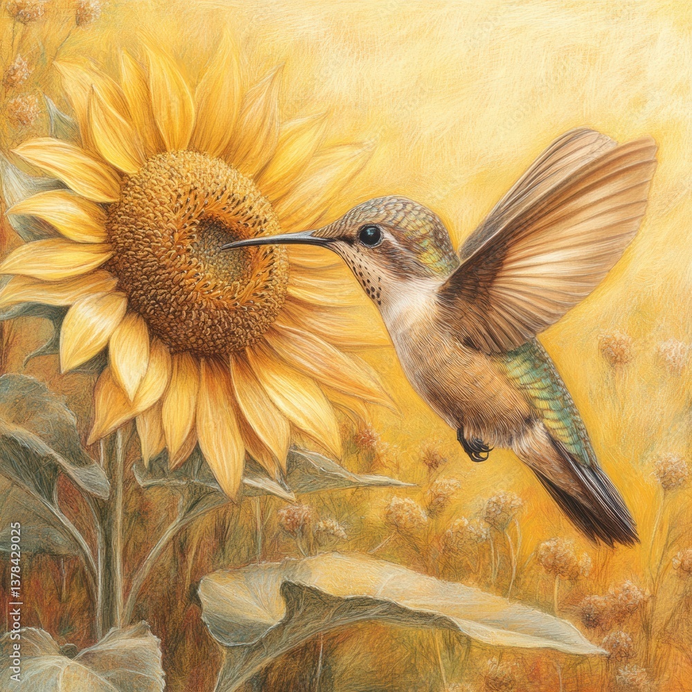 Obraz premium Hummingbird Approaching Bright Sunflower in Warm Natural Setting