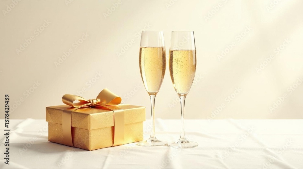 A golden gift box with a satin ribbon sits beside two elegant champagne flutes filled with sparkling wine, ready for a celebratory toast. A golden gift box with a satin ribbon sits beside two elegant champagne flutes filled with sparkling wine, ready for a celebratory toast.