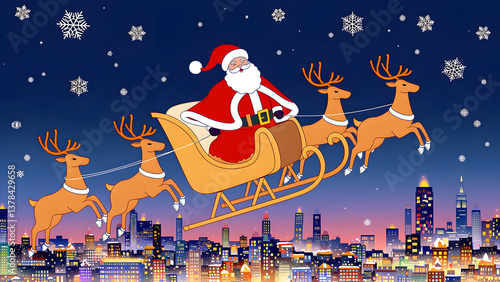 santa claus and reindeer. Merry Christmas and Happy New Year. Illustration of Santa Claus on the sky coming to City 