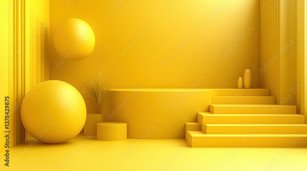 A striking 3D digital scene featuring a bright yellow room with a staircase on the right. A striking 3D digital scene featuring a bright yellow room with a staircase on the right.