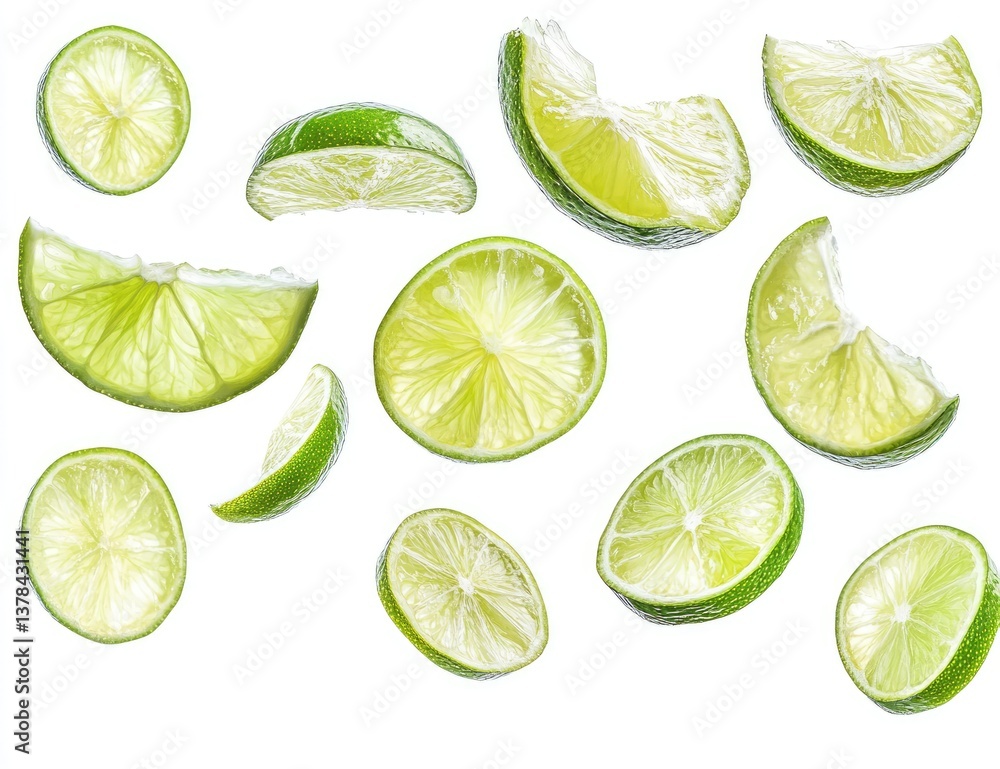 Fresh lime slices in mid-air. Vibrant, juicy slices of lime, displayed in various orientations, creating a sense of motion and freshness Fresh lime slices in mid-air. Vibrant, juicy slices of lime, displayed in various orientations, creating a sense of motion and freshness