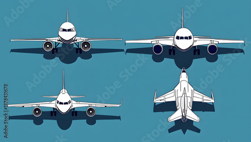 airplane in the sky. Vector airplane icons. Passenger plane, fighter plane and