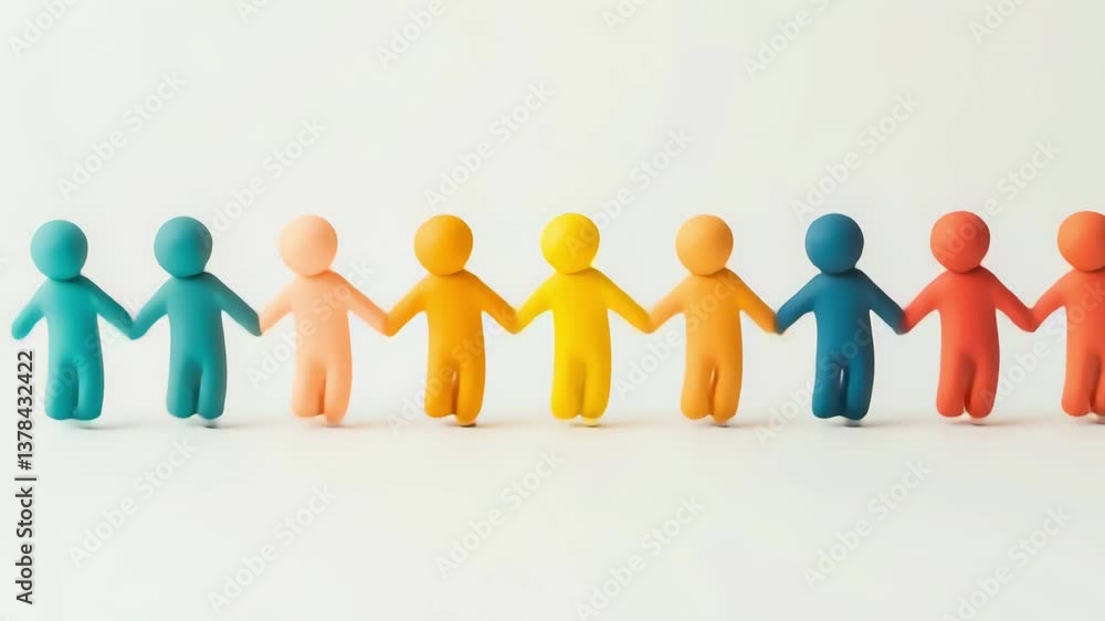 Multiple colorful figures jumping and dancing together, symbolizing diversity and celebration on a white background Multiple colorful figures jumping and dancing together, symbolizing diversity and celebration on a white background