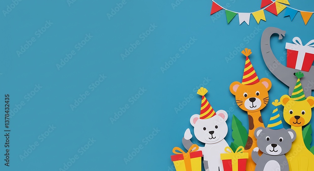Fototapeta premium Cute Animal Birthday Party Paper Craft Background
