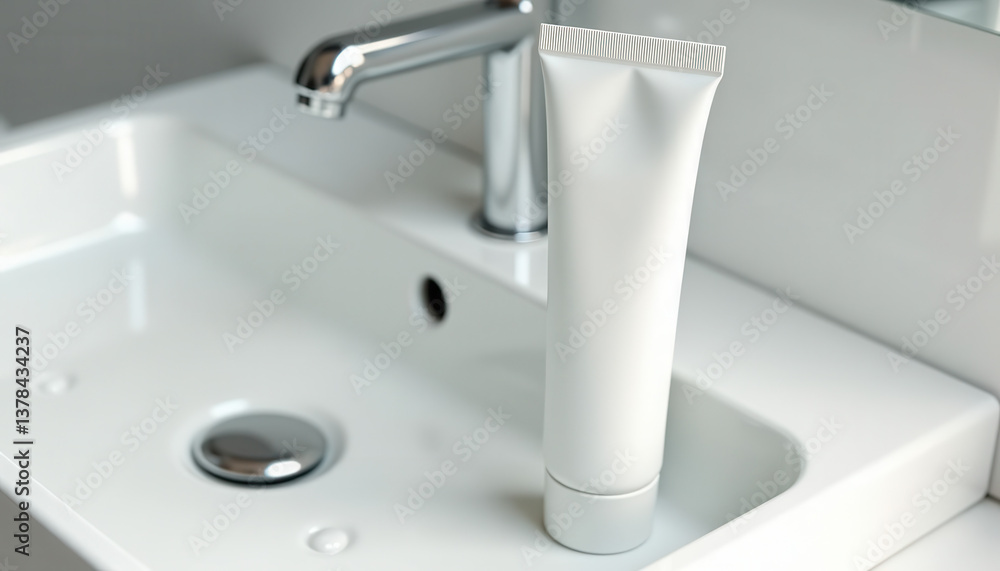 Fototapeta premium Toothpaste tube mockup. Minimalist toothpaste packaging mockup near sink in clean bathroom setting.
