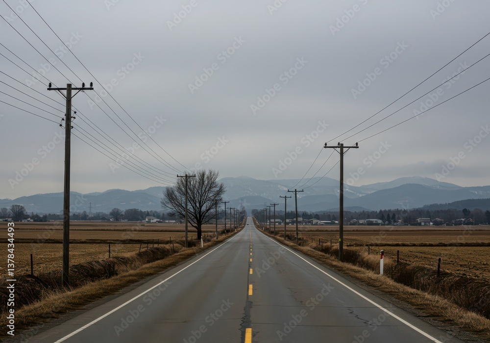 Empty Rural Road with Power Lines and Winter Trees on Cloudy Day Empty Rural Road with Power Lines and Winter Trees on Cloudy Day
