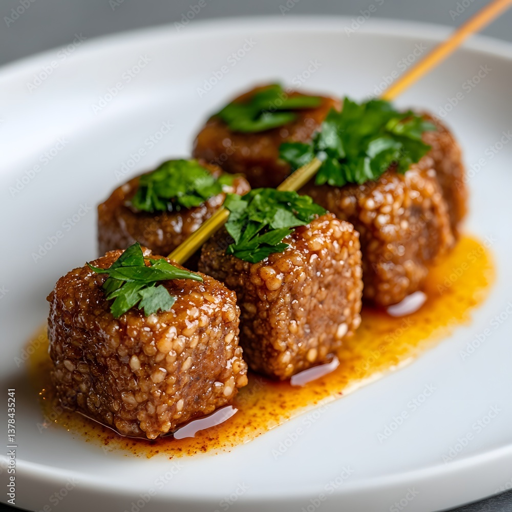 Delicious Sesame Crusted Meat Cubes on Skewers Gourmet Appetizer Close up Food Delicious Sesame Crusted Meat Cubes on Skewers Gourmet Appetizer Close up Food