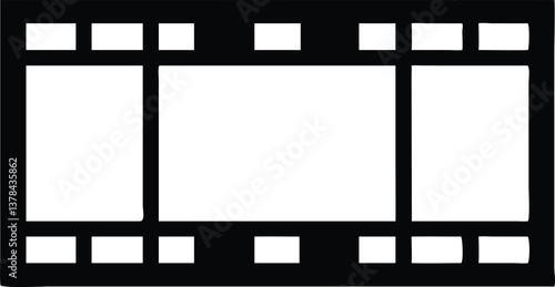Black Film Strip Icon with Frames and Sprocket Holes on Transparent Background