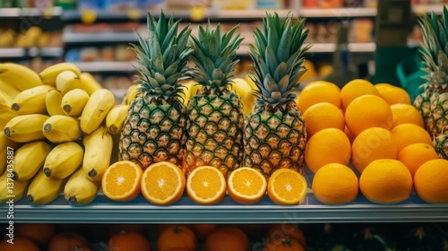 Fototapeta Naklejka Na Ścianę i Meble -  Fresh fruits display with pineapples, bananas, and oranges in a grocery store during daytime