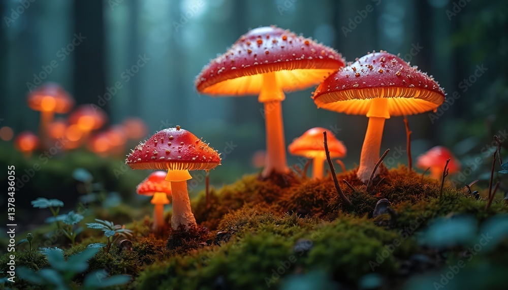 Fototapeta premium Enchanted forest scene with glowing mushrooms. Red caps with white spots against green moss. Magical light illuminates fantasy woodland, creating whimsical atmosphere. Fairytale illustration, dream,