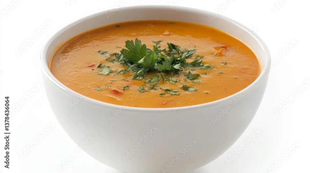 Delicious bowl of creamy orange lentil soup garnished with fresh herbs displayed on a clean white background Delicious bowl of creamy orange lentil soup garnished with fresh herbs displayed on a clean white background