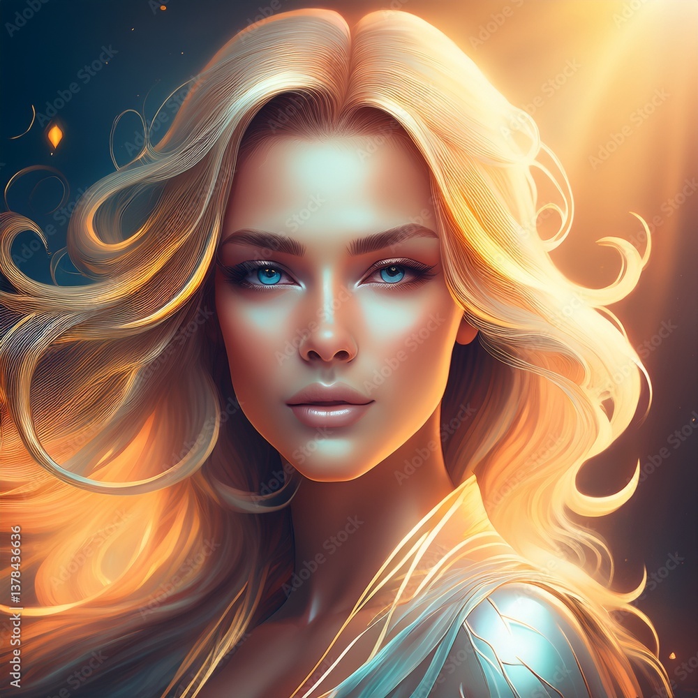 Fototapeta premium Hübsche junge blonde Frau, leuchtender Hintergrund 