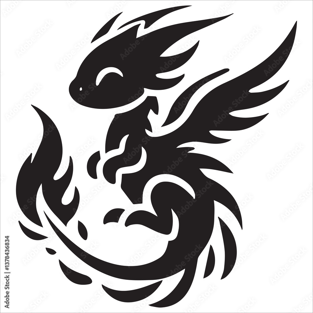 Obraz premium Baby Dragon vector silhouette, simple black an white baby dragon vector silhouette isolated on a white background, Cute dragon coloring page vector art illustration coloring book design