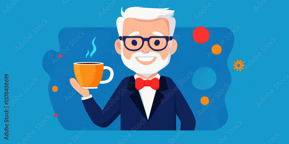 Oldster, A smiling elderly person enjoying tea in a flat illustration style. Oldster, A smiling elderly person enjoying tea in a flat illustration style.