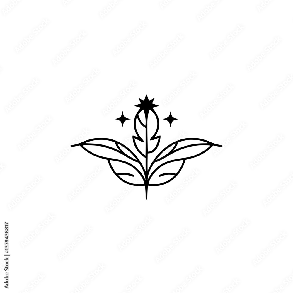 Minimalist Botanical Emblem with Star Embellishments, Elegant Design Minimalist Botanical Emblem with Star Embellishments, Elegant Design