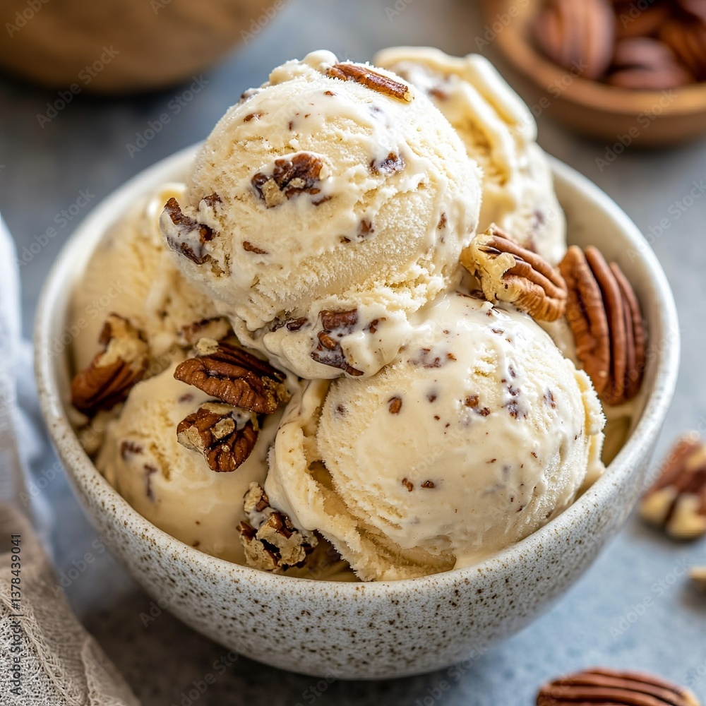 Delicious Creamy Pecan Ice Cream Scoops in Bowl Sweet Dessert Treat Homemade Frozen Food Photography Studio Shot Close Up View Tasty Refreshing Summer Nuts Cold Dairy Image Brown White Spoon Snack Delicious Creamy Pecan Ice Cream Scoops in Bowl Sweet Dessert Treat Homemade Frozen Food Photography Studio Shot Close Up View Tasty Refreshing Summer Nuts Cold Dairy Image Brown White Spoon Snack