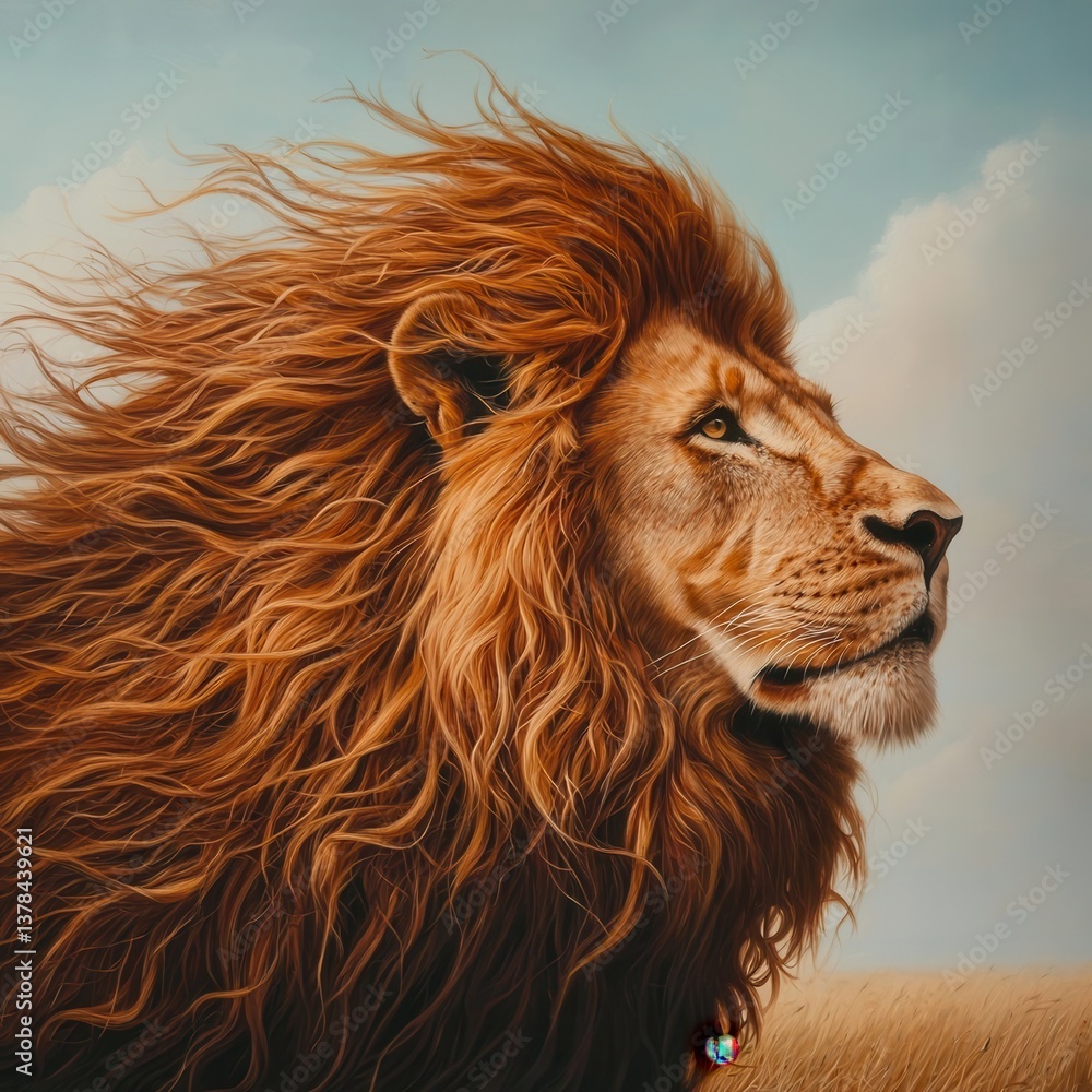 Fototapeta premium Majestic Lion Portrait with Flowing Red Mane Captured in High-Quality Oil Painting Style, Nature and Wildlife Artistry Inspiration