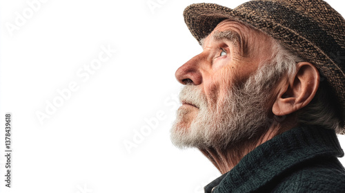 side view of old man isolated on a white background.