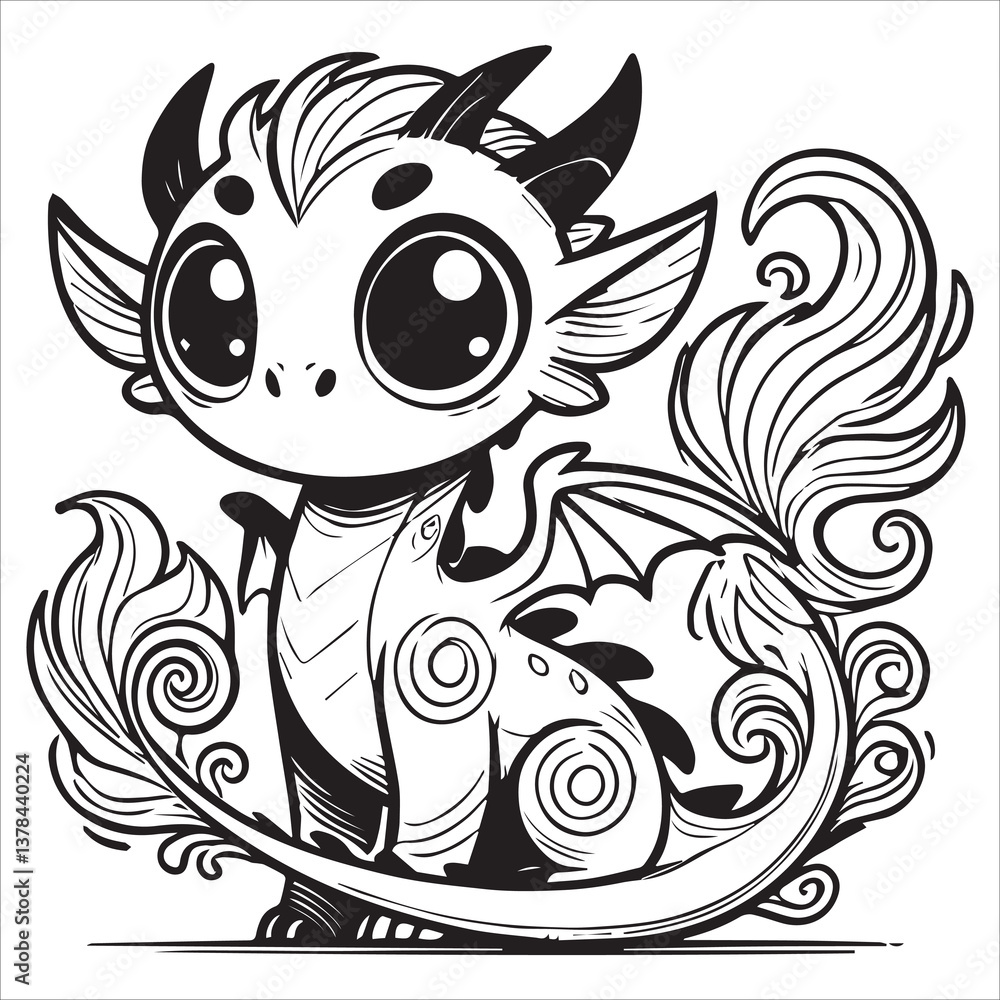 Fototapeta premium Baby Dragon vector silhouette, simple black an white baby dragon vector silhouette isolated on a white background, Cute dragon coloring page vector art illustration coloring book design
