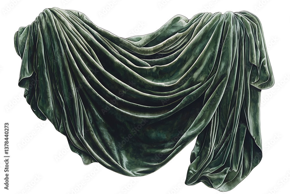 Hanging draped fabric in a deep green hue with detailed folds and shadows evoking a sense of luxurious texture. Hanging draped fabric in a deep green hue with detailed folds and shadows evoking a sense of luxurious texture.