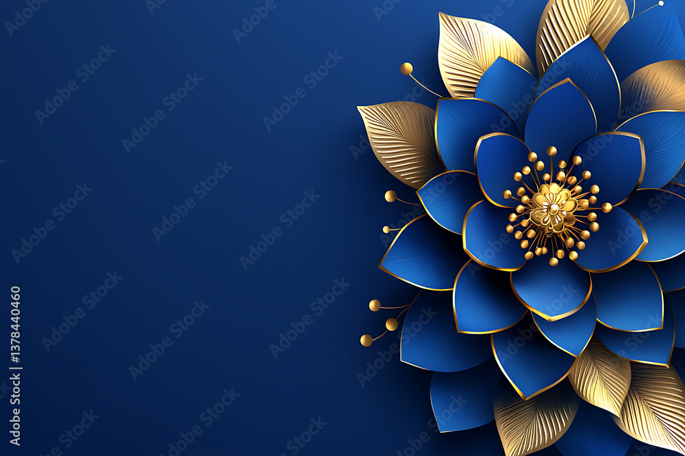 Royal blue flower with golden edges and golden leaves on a navy backdrop.
