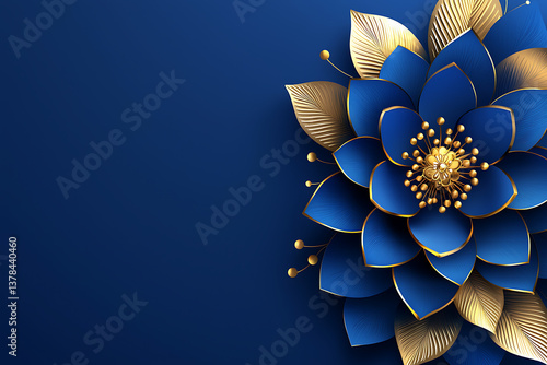 Obraz na płótnie Royal blue flower with golden edges and golden leaves on a navy backdrop. w salonie