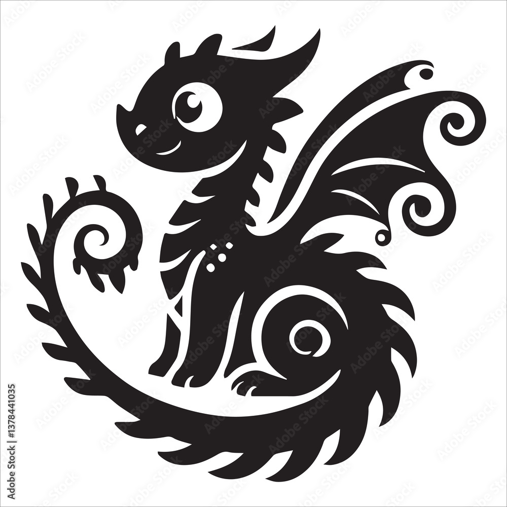 Fototapeta premium Baby Dragon vector silhouette, simple black an white baby dragon vector silhouette isolated on a white background, Cute dragon coloring page vector art illustration coloring book design