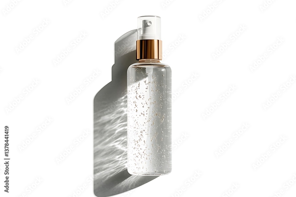 Hydrating face mist spray bottle with gold particles for skincare routine on white background Hydrating face mist spray bottle with gold particles for skincare routine on white background
