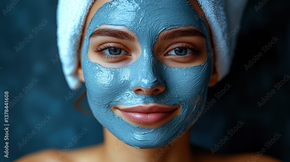Close-up of young woman with shiny blue detox facial mask and towel head wrap smiling softly at camera, ideal for cosmetic product marketing, wellness visuals and beauty spa ads Close-up of young woman with shiny blue detox facial mask and towel head wrap smiling softly at camera, ideal for cosmetic product marketing, wellness visuals and beauty spa ads