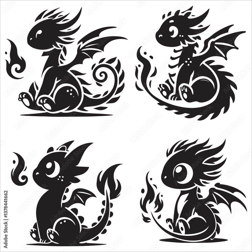 Obraz premium Baby Dragon vector silhouette, simple black an white baby dragon vector silhouette isolated on a white background, Cute dragon coloring page vector art illustration coloring book design