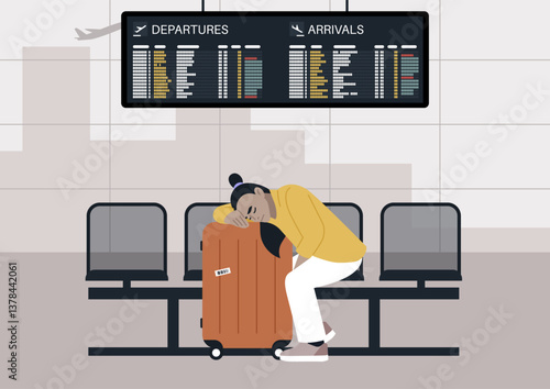 In a moment of exhaustion, a traveler peacefully sleeps on their luggage at the airport, seeking comfort amidst the chaos of a flight delay, surrounded by an empty terminal