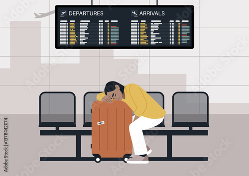 In a moment of exhaustion, a traveler peacefully sleeps on their luggage at the airport, seeking comfort amidst the chaos of a flight delay, surrounded by an empty terminal